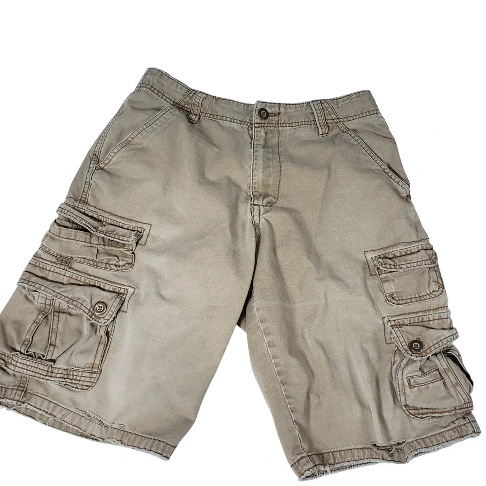 Pluggo Mens Khaki Tan Y2k Cargo Shorts Size 30 Distressed Raw Hem Cotton Utility